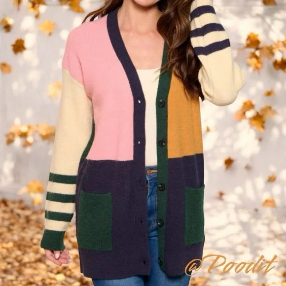 HEM & THREAD Beautiful color block button front cardigan S M L - Picture 2 of 7